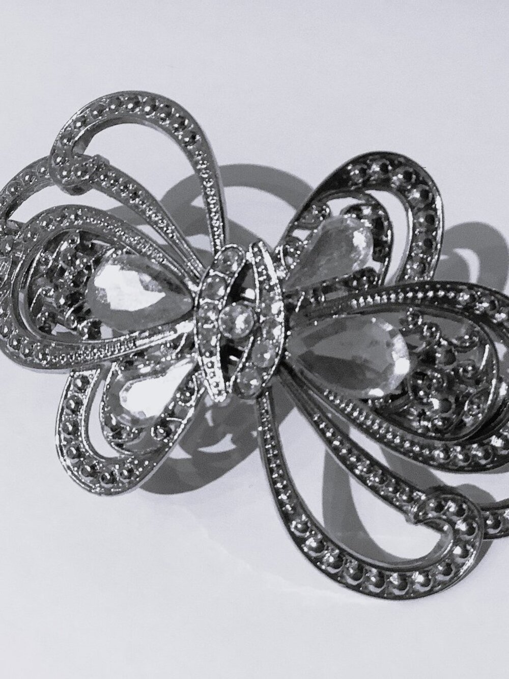 Vintage Ornate Silver Tone Metal Hair Barrette Clip w/ Faux Diamond Accents